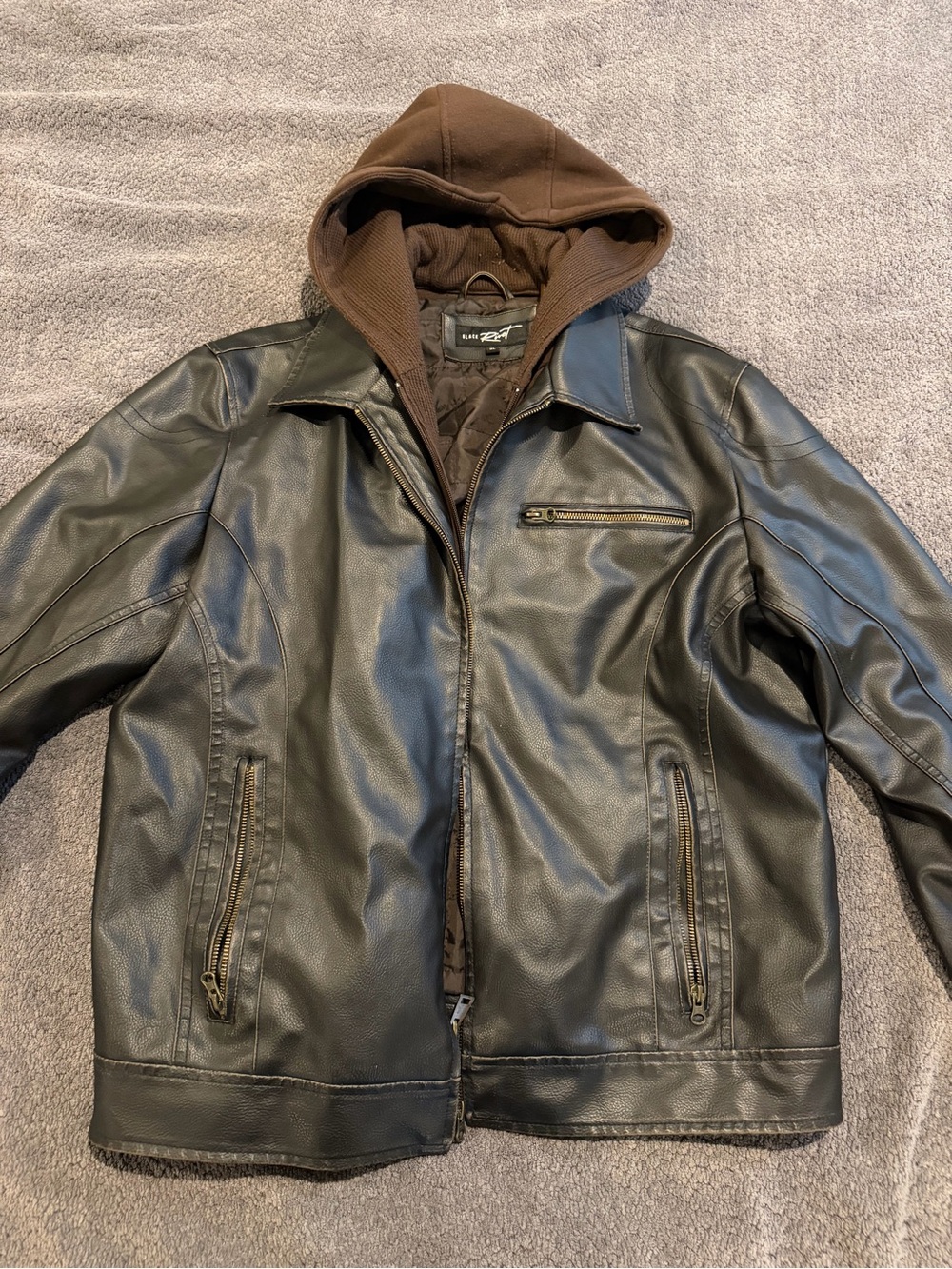 Black Rivet Black Faux Leather Bomber Jacket with Brown Hood